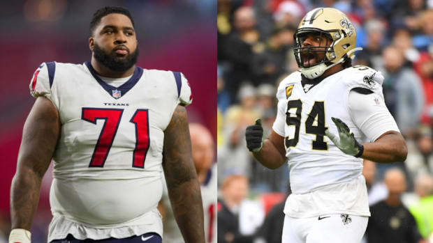 Houston Texans right tackle Tytus Howard (71) and New Orleans Saints defensive end Cameron Jordan (94).